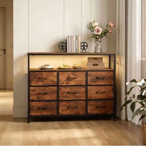 Commode de rangement contemporaine 9 tiroirs avec éclairage LED et prise intégrée, 110x85x30 cm, bois E1 et métal, couleur brun rustique et noir (1/5)