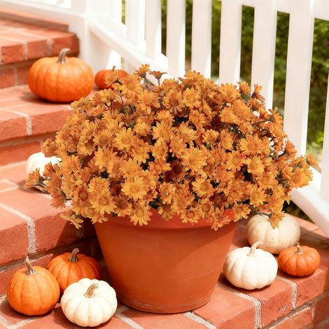 12 marguerites artificielles pour décoration extérieure d'automne, orange automne  Chrysanthèmes artificiels d'extérieur résistants aux UV, bouquets de marguerites artificielles, adaptés à la véranda,