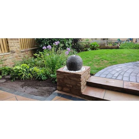 Cascading Limestone Sphere Water Feature with Pump, Light, Reservoir and Grid - Diameter 30cm