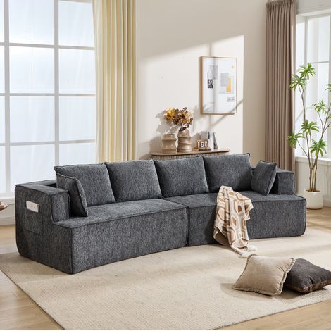 Sofá modular curvo de 4 plazas, asiento profundo, tapizado en terciopelo gris oscuro OKMYHOME (1/5)