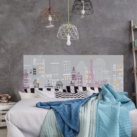 Sticker mural décoratif 160 cm X 60 cm, graphique et romantique, pour tête de lit, Paris, couleurs blanc, rose et bordeaux. (1/4)