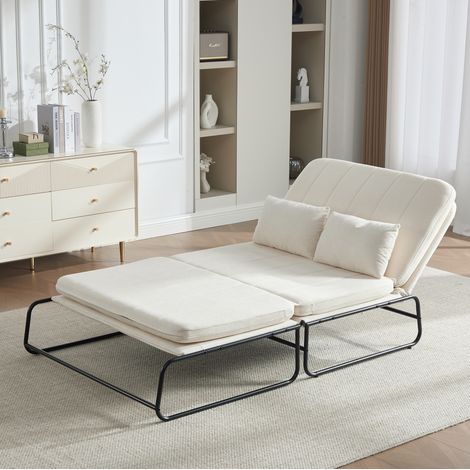 Canapé-lit 2 places convertible en lit, chenille beige, cadre en métal, rangement latéral (1/5)