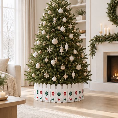 Copri base per Albero di Natale colore bianco con renne e palline decorazione natalizia -50 cm (1/5)