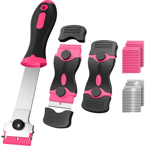Grattoir à verre, contient 60 lames de rechange pour verre, cuisinière, enlèvement d'autocollants, peinture (rose) (1/5)