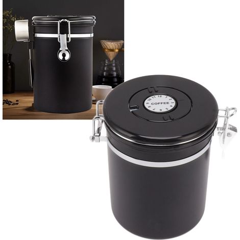 Luftdichter Behälter aus schwarzem Edelstahl 304 mit Löffel und Einwegventil zur Aufbewahrung von Kaffeebohnen, 1,8 l. (1/5)