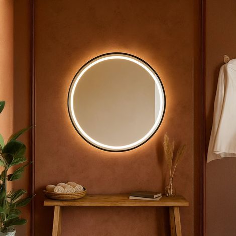Exagonshop Specchio tondo 80 cm nero opaco luce regolabile