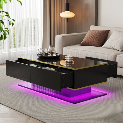 Table basse LED 100x50x40 cm noire et dorée en panneau de particules avec rangements et éclairage (1/5)