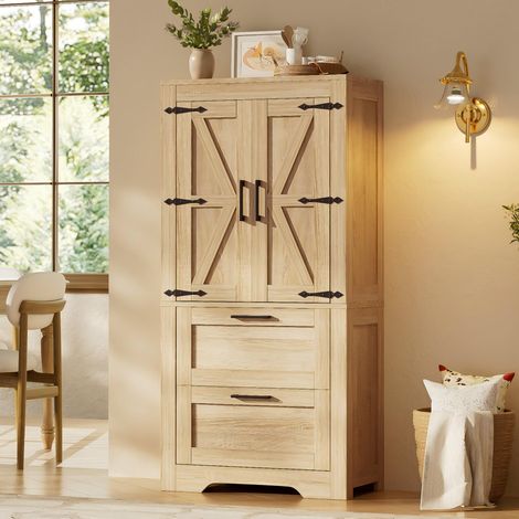 Buffet haut de cuisine style campagne 60x30x128 cm, 2 tiroirs, étagères réglables, portes effet grange, meuble en MDF, coloris bois naturel (1/5)