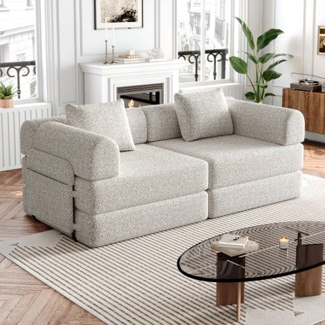 Canapé convertible 2 places 184x91x70 cm, 2 en 1 en chenille avec espace de rangement dans les accoudoirs, cadre en métal - Beige