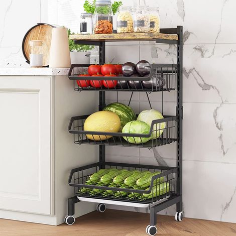 Étagère à légumes pour Cuisine, Panier à Fruits empilable, Chariot de Rangement avec roulettes verrouillables et Plateau en Bois, pour Salle de Bain, Cuisine, Bureau (Planche) (1/5)