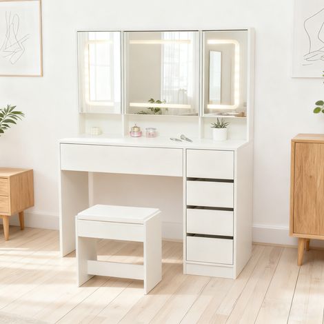 Tocador con taburete - iluminación y espejo - 110 x 40 x 140 cm - MDF - Blanco (1/5)