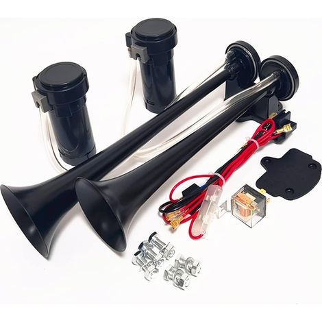 Klaxon de voiture Klaxon à air noir 12V Car Horn Klaxon de camion 165db double tonalité haute et basse Chrome Zinc Trompette à double tube avec deux pompes à air pour 12V voiture bateau etc (1/5)