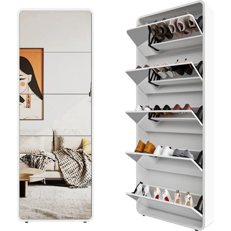 Pour l'entrée, rangement chaussures avec miroir, meuble à chaussures sur pied à 5 abattants, blanc (1/5)