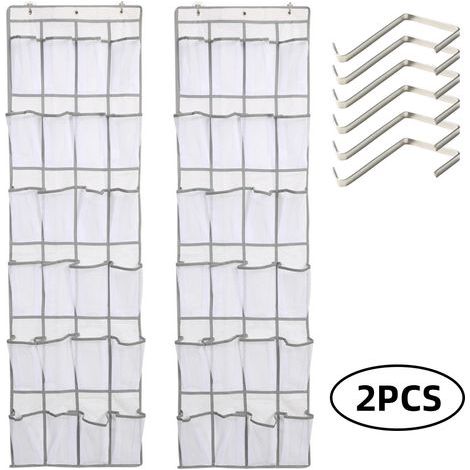 Shoe storage box, hanging storage box for closet, 2 pieces, 24 compartments, white, 48 x 168 cm, with metal hooks for shoe storage (1/5)
