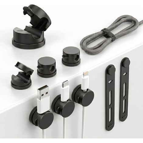 6 Pièces Support de Câble Magnétique Autocollant, Clips rotatifs à 360° avec 2 Attache Cable. Organisateur Pratique Compatible câbles jusqu'à 7,5 mm, idéal pour câble USB, HDMI, Audio(Noir) (1/5)