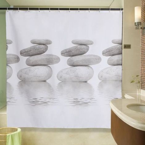 Rideau de Douche Galet pierres Imprimé Imperméable 3D Rideau Salle de Bains Etanche avec 12 Anneaux Crochets 180x180cm Gris (1/4)