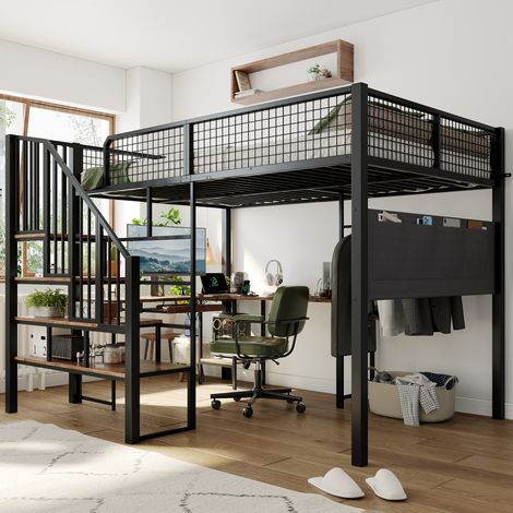 Lit mezzanine métal 140x200 cm 2 places, bureau en L, escalier, tablette clavier coulissante, port de charge, poche en tissu, noir et bois foncé (1/5)