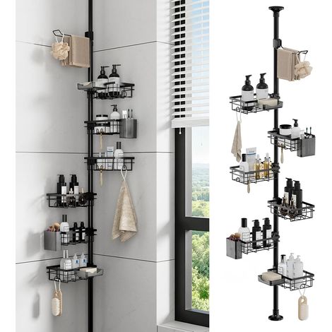 Etagere Douche Telescopique, Reglable Hauteur 78-308cm, Etagere Salle de Bain Sans Percage, Rangement Douche Barre avec 6 Paniers Reglable et 1 Porte Serviette, Noir (1/5)