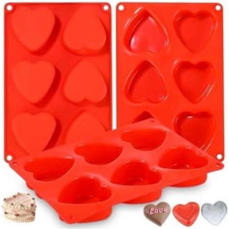 Moules Silicone Pour Chocolat, 6 Compartiments Moule Savon Coeur Pour le Gâteau de la Saint-Valentin Pudding à la Gelée Savon Artisanal,Faire un Ensemble de 3 Rouge Moule Savon Silicone (1/5)