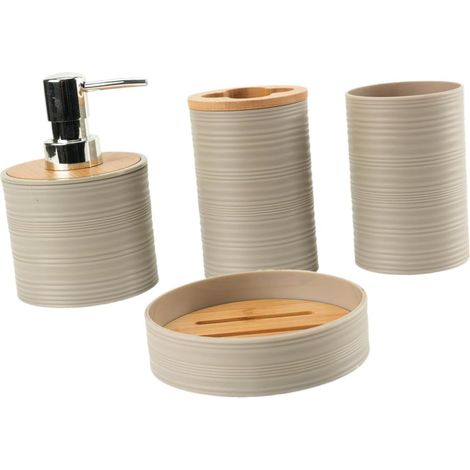 4-teiliges Badezimmer-Dekor-Set: Seifenschale, Becher, Zahnbürste – beige