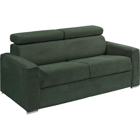 Canapé 3 places convertible express en velours côtelé vert avec assise mémoire de forme - Couchage 140 cm - Matelas 14 cm VIZIR (1/4)