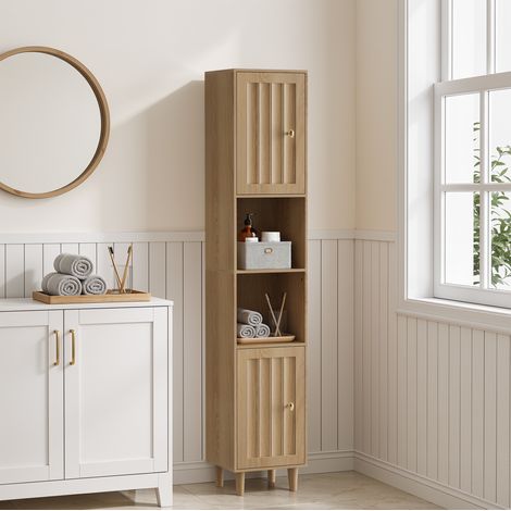 Armoire haute de salle de bain 32x30x169 cm chêne en MDF avec portes rainurées et étagères ouvertes (1/5)