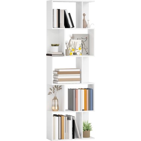 Bibliothèque mobile en Legno a 5 Ripiani avec séparateur, 60x24x184,5 cm, Bianco pour rangement de livres, documents et objets décoratifs idéal pour salon, chambre à coucher ou bureau