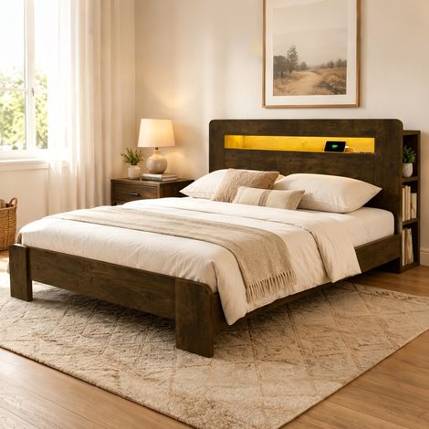 MEUBLIV Lit double 140 x 200 cm en bois – Tête de lit avec rangements – éclairage LED et prises intégrées – finition bois vintage (1/5)