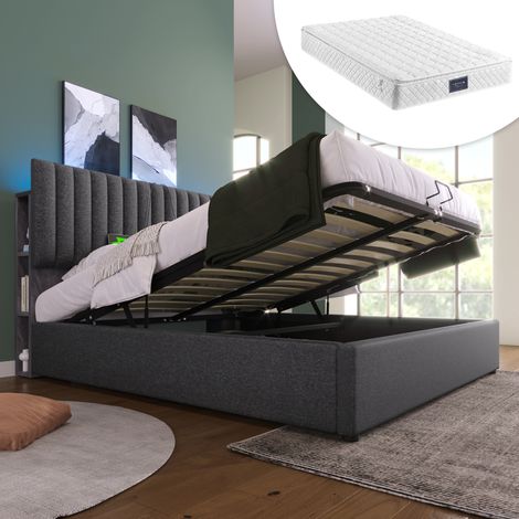 lit coffre 140x200 LED USB avec rangement gris HAVRYA (1/5)