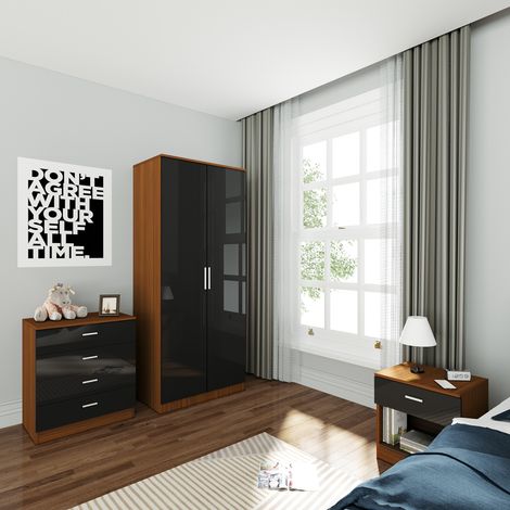 ELEGANT Wardrobe and Cabinet Furniture Set Bedroom 2 Doors Wardrobe and 4 Drawer Chest and Bedside Cabinet High Gloss , Black/Walnut (1/5)