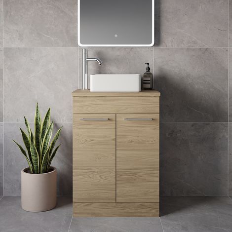 Napoli 390 Light Oak 600mm 2 Door Vanity Unit for Countertop Basins - 600mm - Chrome 160mm Handle