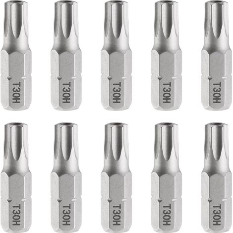 10pcs T30H Embout de Tournevis Torx 1/4" Tige Hexagonale 25mm/1" Longueur Magnétique Tête Étoile à 6 Pans Acier S2 Embout de Tournevis avec Trou (1/5)