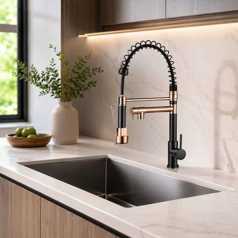 Robinet de cuisine, mitigeur d'évier à ressort hélicoïdal pivotant à 360° avec 2 modes de jet, et acier inoxydable sans plomb, Noir et Or Rose (1/5)