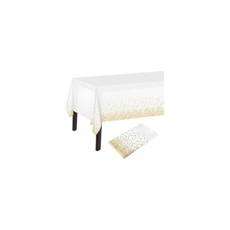 Nappe Rectangulaire Blanche et Dorée à Pois 137x274 cm en Plastique pour Décoration de Table d'Anniversaire (1/4)