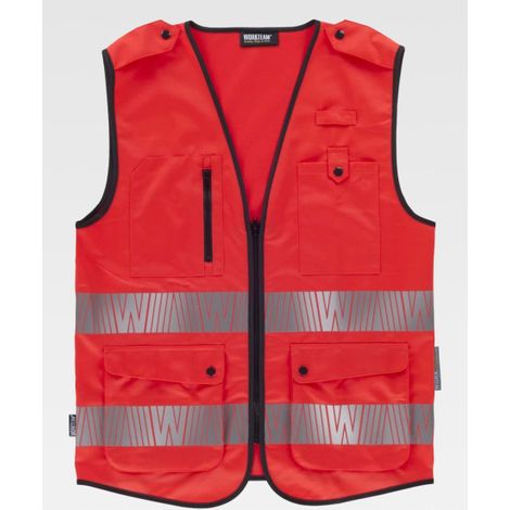 Chaleco rojo flúor con cintas reflectantes segmentadas personalizadas C3677 WORKTEAM L Rojo A.V. (1/2)