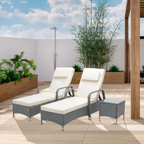 3 Pieces Rattan Sun Lounger Bed Recliner Outdoor Chair & Side Table Set Venice GREY (1/4)