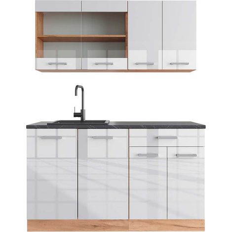 Cucina monoblocco R-Line, Bianco lucido/oro power oak, 140 cm , PL Antracite, Vicco