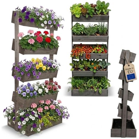MODO24 KKS Porte-plantes vertical 187x82x57 cm, jardinière bois, 5 étagères réglables, jardin/balcon/terrasse, gris imprégné (1/5)