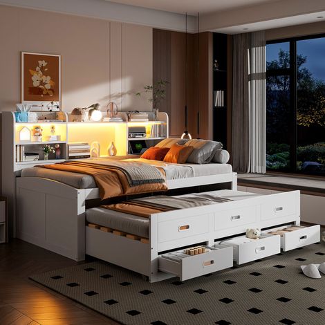 Letto bambini 90x200 cm con letto aggiuntivo 90x190 cm, illuminazione LED con telecomando, 3 cassetti, vano comodino e porte USB-Type-C, senza materasso, bianco (1/5)