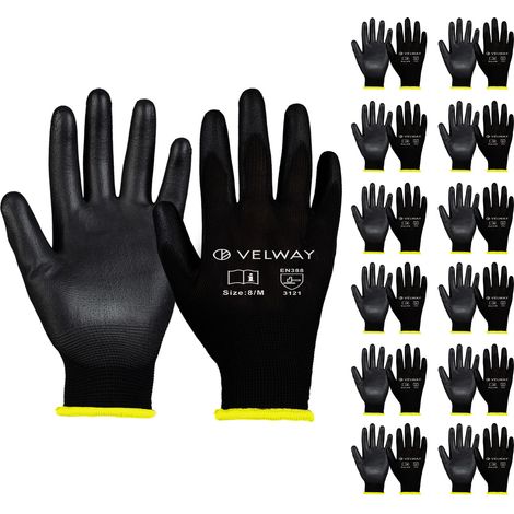 Velway Gants Travail 12 Paires - Revêtement PU Antidérapant Jardinage Bricolage - Taille 8/M (1/5)