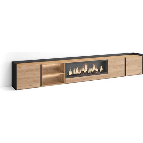 Skraut Home - Mueble TV, Televisión, Muebles de salón, almacenaje, 315x35x50cm, Para TV hasta 80", Chimenea eléctrica XXL, LED, Estilo Moderno, Roble y negro (1/5)