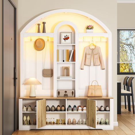 Vestiaire d'entrée, meuble à chaussures, 3 étagères ouvertes, patères en métal, éclairage LED USB, design arrondi, en MDF, blanc et bois (1/5)