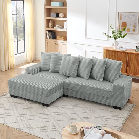 Ecksofa 256,5 x 133,5 x 89 cm, 6 bequeme Kissen, Chenille-Bezug, stabile Kunststofffüße, grau
