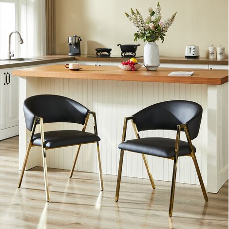 Set de 2 sillas de comedor negras con estructura metálica dorada y acabado efecto piel,56x59x77cm (1/5)
