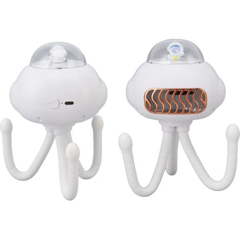 Ventilateur portable sans pales, rechargeable par USB, en forme de pieuvre, avec support transformable pour l'extérieur, petit format, blanc. (1/5)