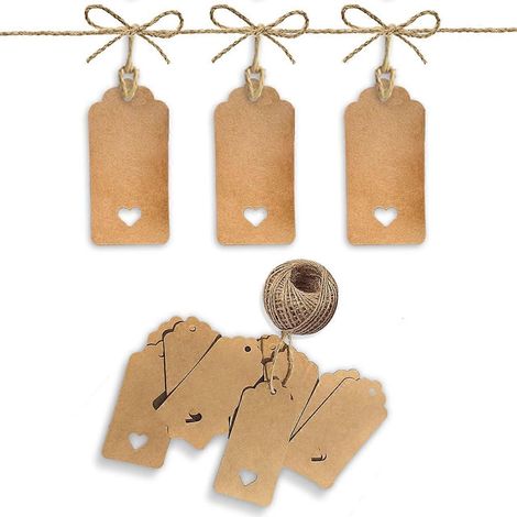 100 étiquettes cadeaux en papier kraft de 9 x 4,5 cm avec 30 m de ficelle de jute pour la création d'étiquettes de bagages, de mariage, de Saint-Valentin ou de Noël (marron) (1/5)