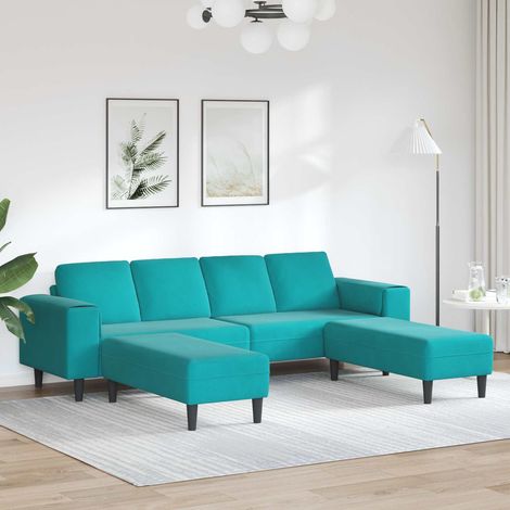 Canapé 3 pièces turquoise avec ottomans en polyester 250 x 188 x 76 cm - PANGIVO (1/5)