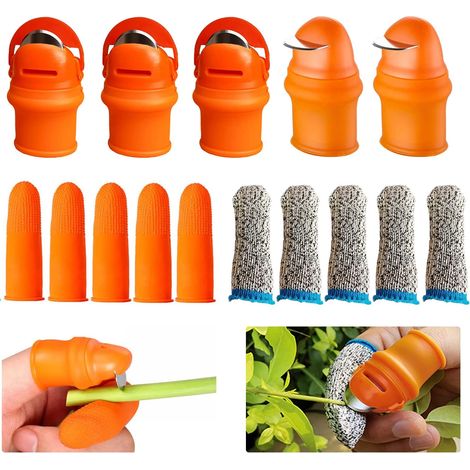 Conjunto de 15 couteaux de jardinage en silicona naranja (3 plats + 2 anciens couteaux coudés + 5 couteaux anti-coupure + 5 manchons en cauoutchouc) (1/5)