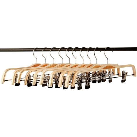 CSPARKV (37.5×1.1×37.5cm)Pack of 10 Genuine Wood Hangers, Light Color, Durable, for Pants and Clothes, with Clips (1/4)