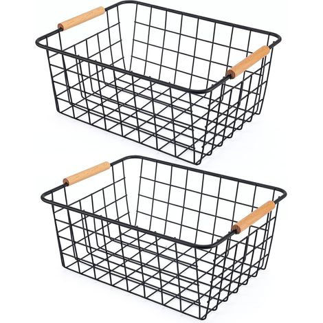 2 paniers de rangement en fil métallique avec poignées en bois - Rangement pour placards et armoires de cuisine - Paniers de rangement alimentaires en fil métallique (1/4)